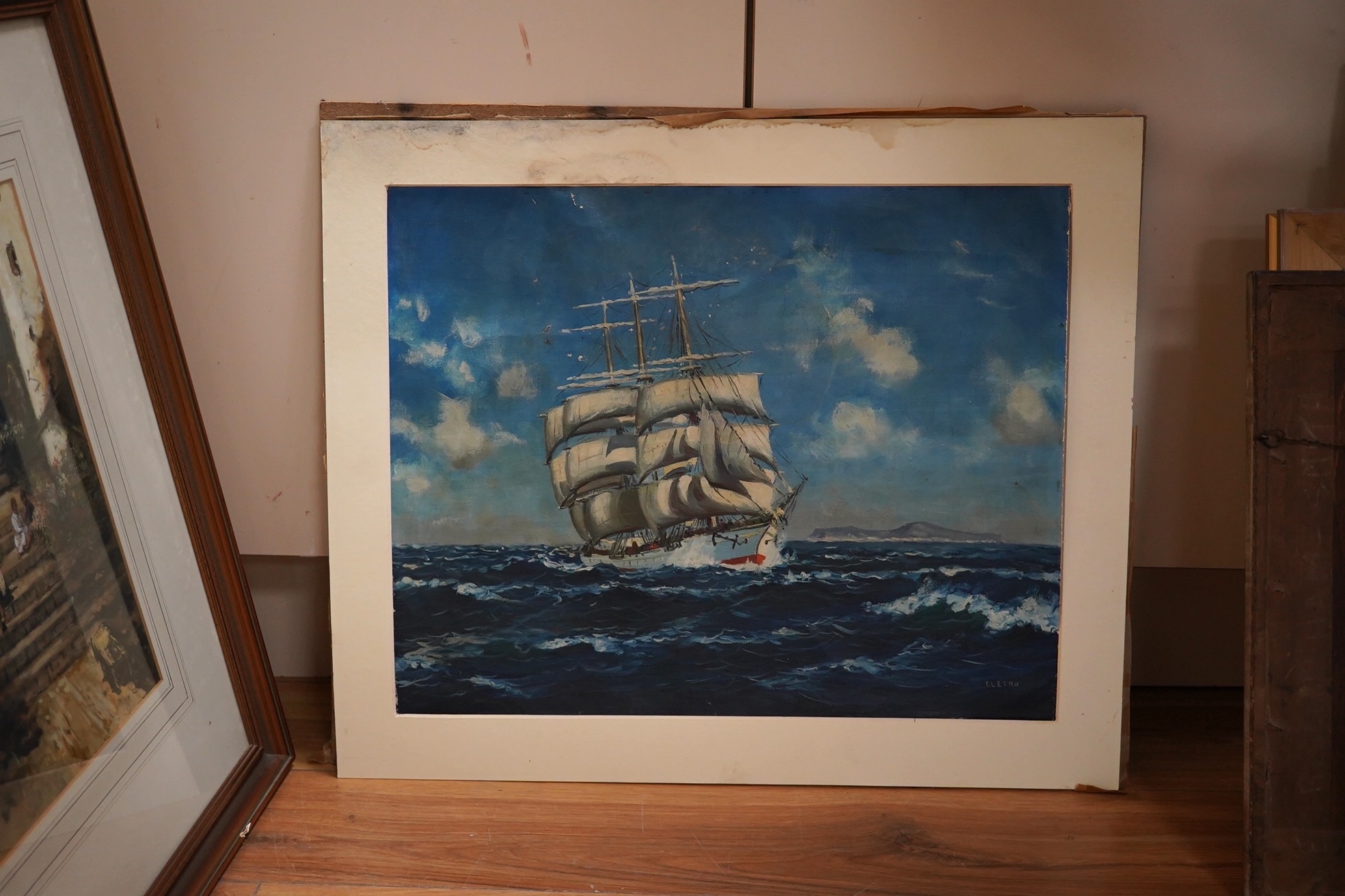 G. Eletro (Italian), Maritime oil on canvas, Study of a ship at sea, signed, mounted, 40 x 50cm, unframed. Condition - poor